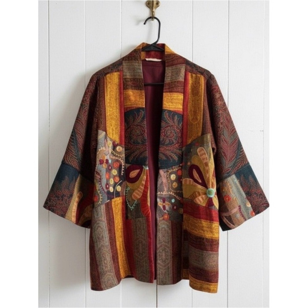 Soft Surroundings Boho Patchwork Wool Silk Embroidered Kimono Size Large